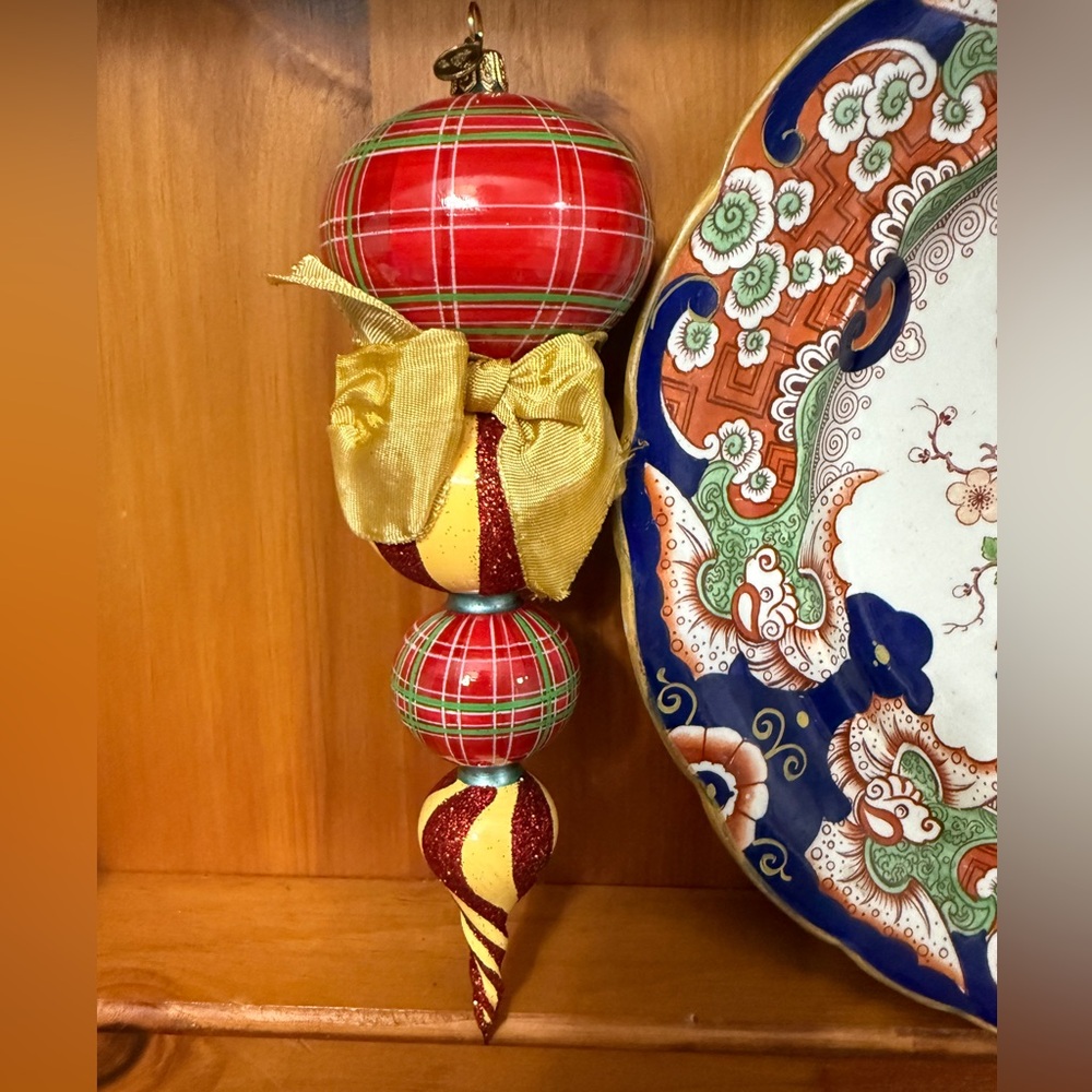 Mackenzie - Childs Triple Drop Argyle Stripe Tartan Glass  Ornament with Bow